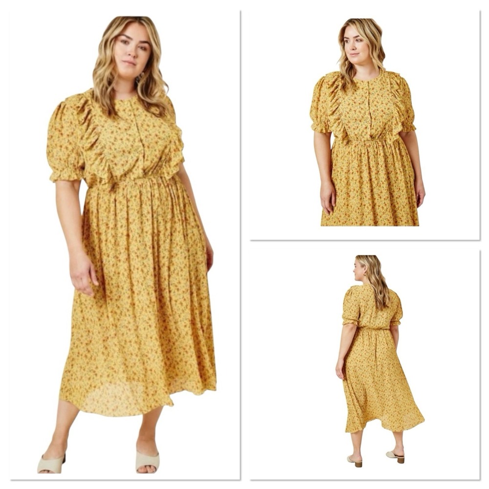 Hayden Lost Angeles Mustard Yellow Floral Smocked Ruffle Midi Dress 1XL Button